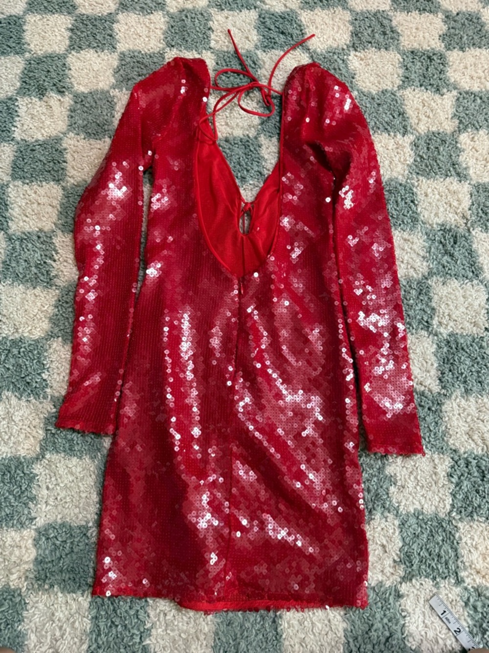BARDOT Verona Red Long Sleeve Sequin Mini Dress Backless Bow Detail Formal Event - Picture 14 of 16